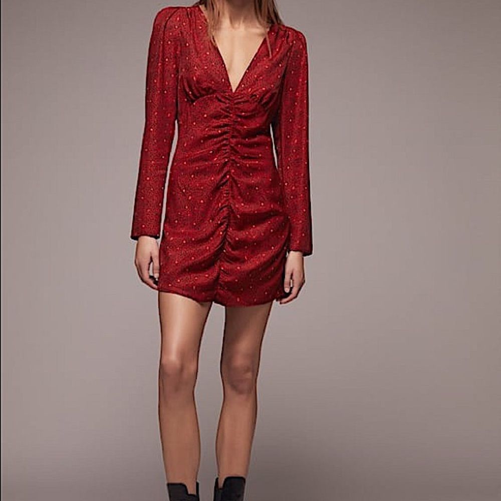 ZARA Red Black Print Side Ruched V-neck Long Sleeve Mini Dress - Picture 8 of 8